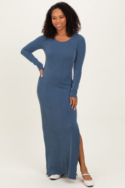 Rhea + Thea Navy Ribbed Long Sleeve Side Slit Maxi Dress