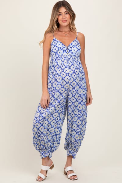 Eesome Royal Blue Printed Button Detail Maternity Jumpsuit