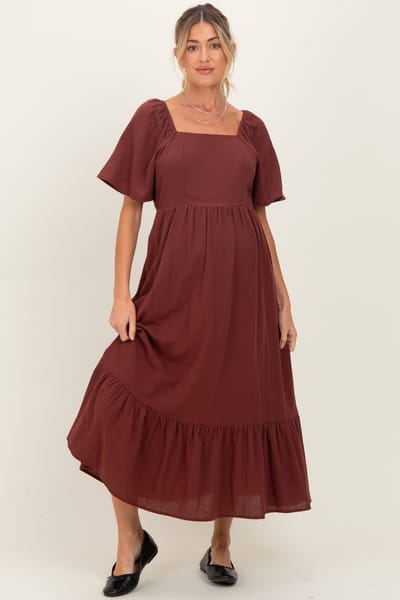 Tea N Rose Burgundy Gingham Square Neck Ruffle Maternity Midi Dress