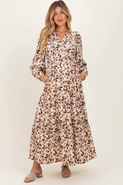 PinkBlush Cream Floral Smocked Waist Long Sleeve Maternity Midi Dress