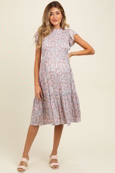 Elloh Light Blue Floral Mock Neck Smocked Ruffe Sleeve Maternity Midi Dress