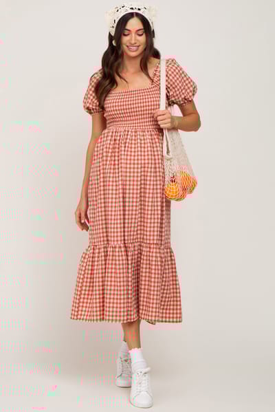 Elloh Rust Gingham Smocked Maternity Midi Dress
