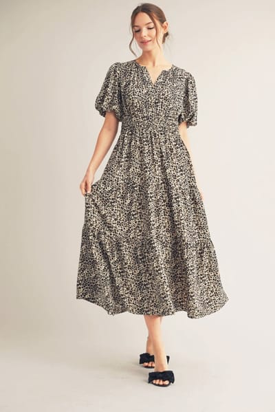 Jodifl Brown Animal Print Tiered Midi Dress