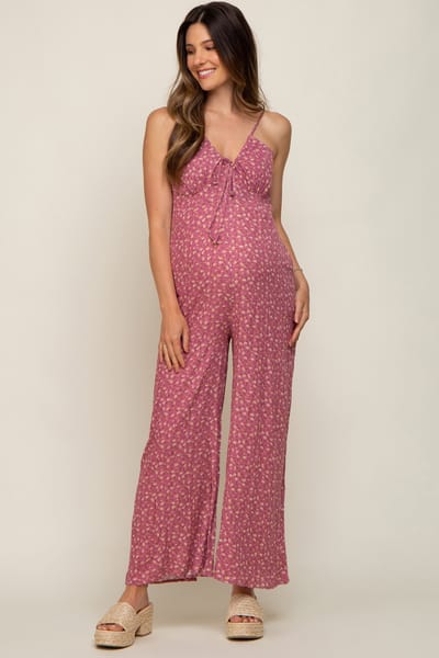 Elloh Mauve Floral V-Neck Front Tie Sleeveless Maternity Jumpsuit