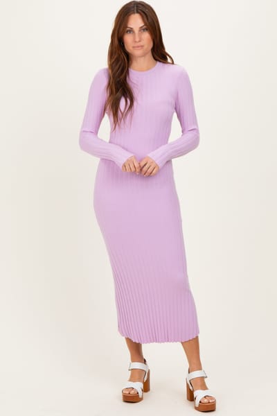 ABLE Lilac Ribbed Knit Fitted Midi Sweater Dress