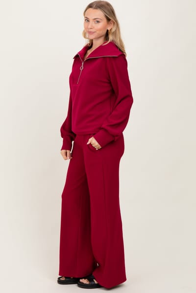 Zenana Outfitters Burgundy RIbbed Half Zip Pullover Wide Leg Pant Set