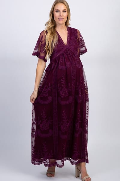 PinkBlush PinkBlush Deep Burgundy Lace Mesh Overlay Maternity Maxi Dress