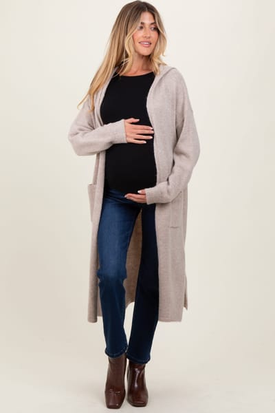 PinkBlush Beige Long Hooded Open Front Maternity Cardigan