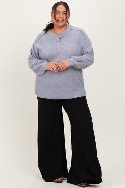 Zenana Outfitters Heather Grey Oversized Ribbed Knit Henley Plus Sweater