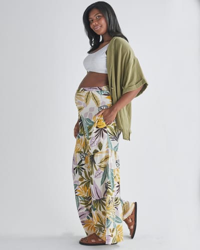 Angel Maternity Stacie Wide Leg Maternity Ruffled Pants in Green Flora