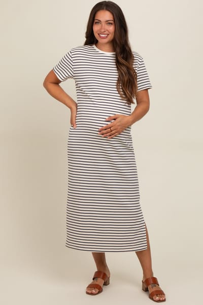 Polagram Navy Striped Short Sleeve Maternity T-Shirt Midi Dress