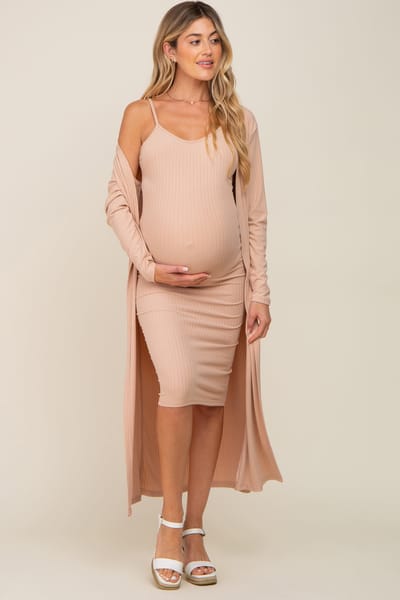 PinkBlush Beige Ribbed Cardigan 2 Piece Maternity Set