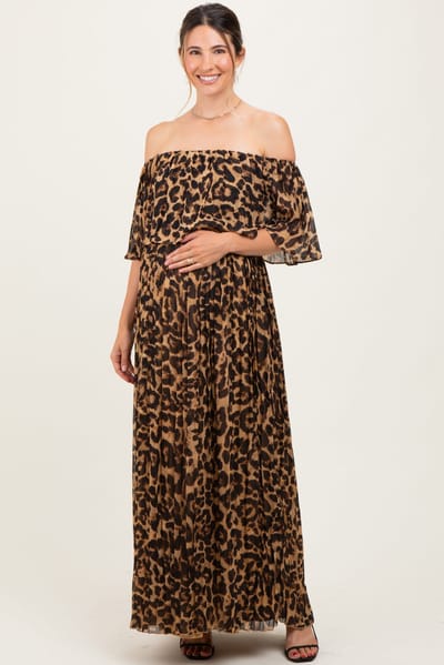 PinkBlush Leopard Print Pleated Ruffle Off Shoulder Maternity Maxi Dress