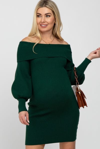 PinkBlush Forest Green Off Shoulder Bubble Sleeve Maternity Sweater Dress