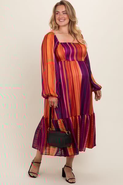 Flying Tomato Plum Striped Metallic Yarn Maternity Plus Midi Dress