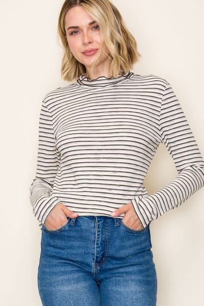 Staccato Olive Striped Ribbed Mock Neck Ruffle Hem Top