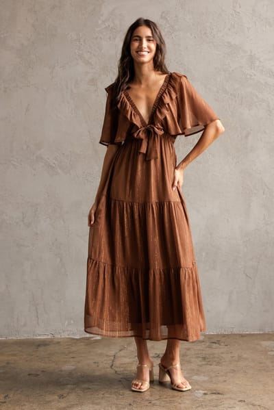 Storia Brown Metallic Chiffon Ruffle V-Neck Midi Dress