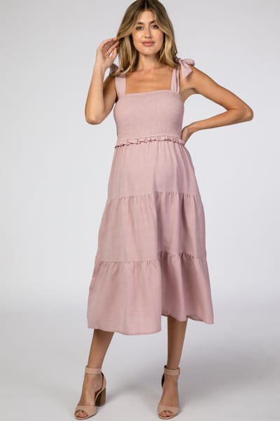 PinkBlush Mauve Bow Strap Tiered Maternity Midi Dress