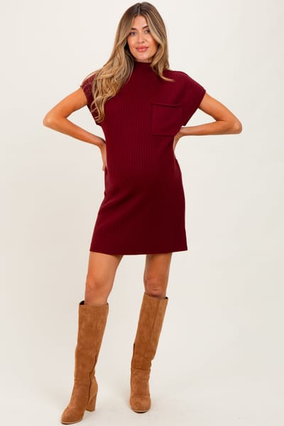 She + Sky Burgundy Ribbed Knit Maternity Short Sleeve Sweater Dress