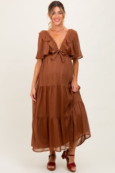 Storia Brown Metallic Chiffon Ruffle V-Neck Maternity Midi Dress