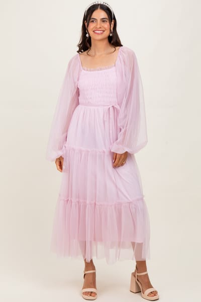 Listicle Pink Mesh Tiered Long Sleeve Maxi Dress
