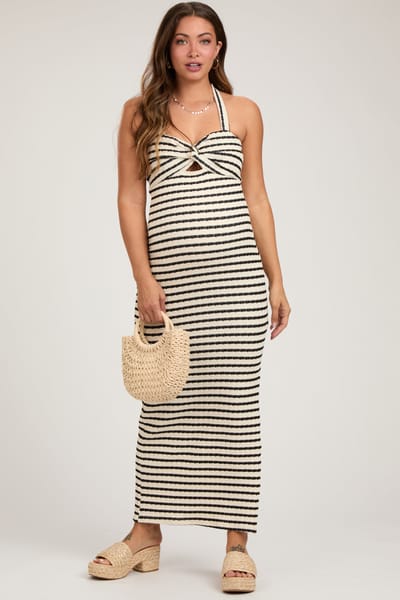 PinkBlush Ivory Striped Twist Front Halter Maternity Midi Dress