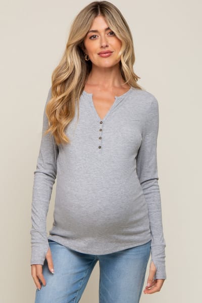 Doe & Rae Heather Grey Button Front Long Sleeve Maternity Top