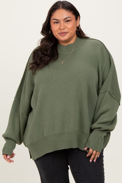 Zenana Outfitters Light Olive Mock Neck Exposed Seam Sweater