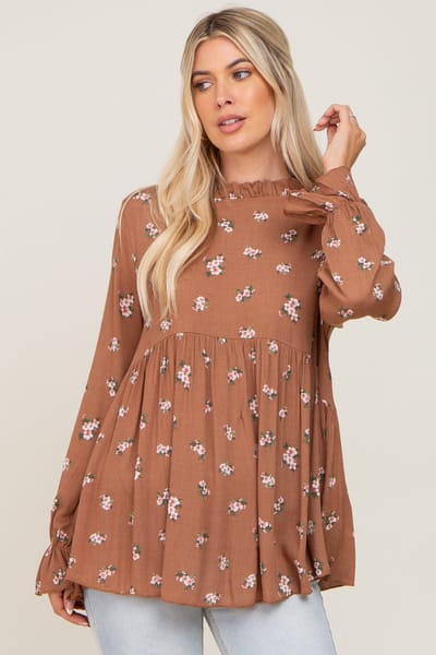 Lovely Melody Rust Floral Ruffle Accent Babydoll Top