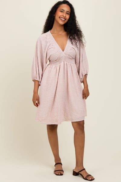 Rhea + Thea Mauve Striped Balloon Sleeve V-Neck Dress
