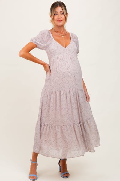 PinkBlush Light Taupe Floral Chiffon Tiered Maternity Maxi Dress