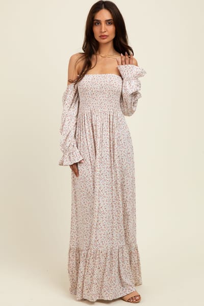 Elloh Cream Floral Smocked Off Shoulder Maxi Dress