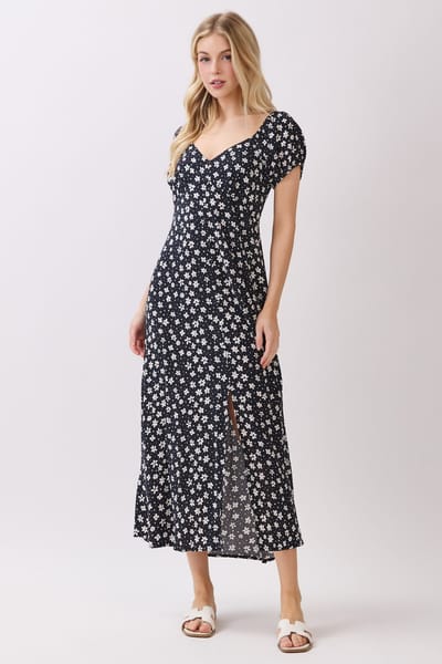 Final Touch Black Floral V-Neck Button Detail Midi Dress