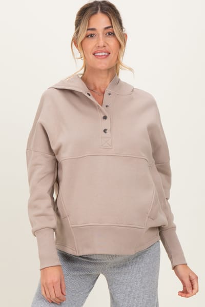 Zenana Outfitters Beige Fleece Snap Button Maternity Hoodie