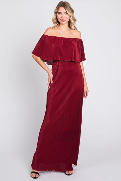 Dress Day Burgundy Pleated Ruffle Off Shoulder Maxi Dress