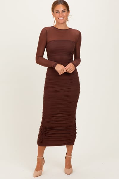 Privy Brown Mesh Ruched Long Sleeve Midi Dress