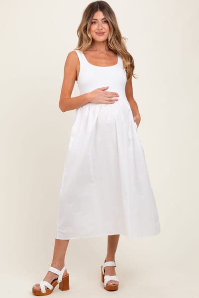 PinkBlush White Contrast Sleeveless Square Neck Maternity Midi Dress