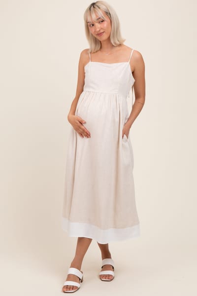 Sugarlips Beige Color Block Back Tie Maternity Midi Dress