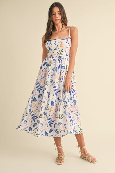 AnnieWear Ivory/Blue Leaf Printed Contrast Piping Detail Midi Dress