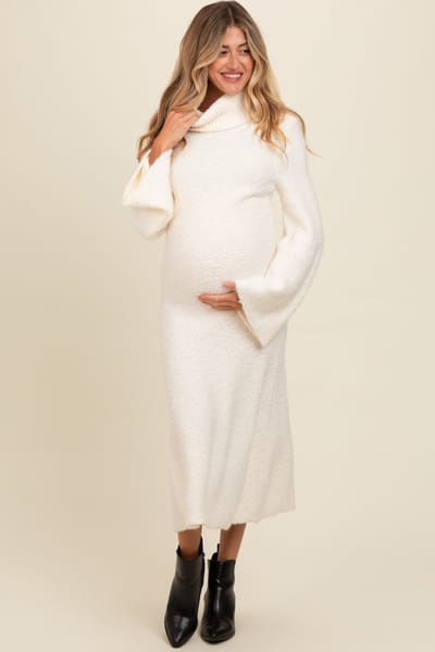 Aaron & Amber Ivory Turtleneck Bell Sleeve Maternity Sweater Dress
