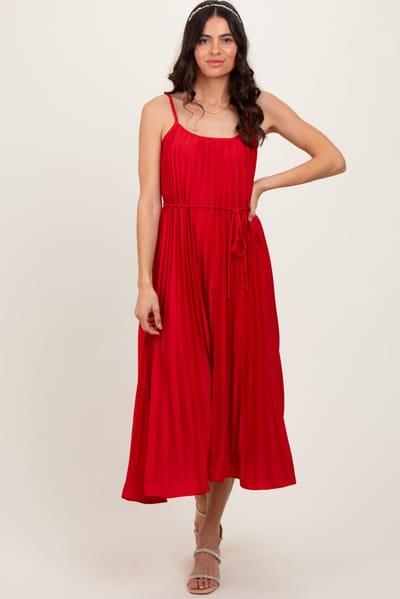 Rosevelvet Red Pleated Sash Tie Midi Dress