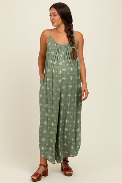 Hem & Thread Olive Tile Mosaic Printed Cami Maternity Jumpsuit