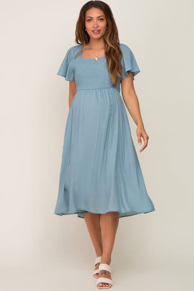 PinkBlush Light Blue Smocked Square Neck Flutter Short Sleeve Maternity Midi Dress
