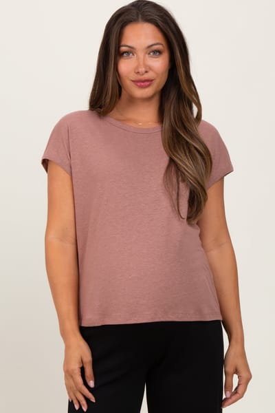 Be Cool Brown Linen Blend Maternity Short Sleeve Tee