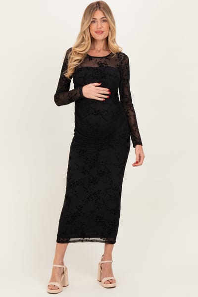 Blue S Black Floral Flocked Mesh Long Sleeve Maternity Midi Dress