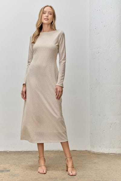 Polagram Beige Lace Jacquard Long Sleeve Midi Dress