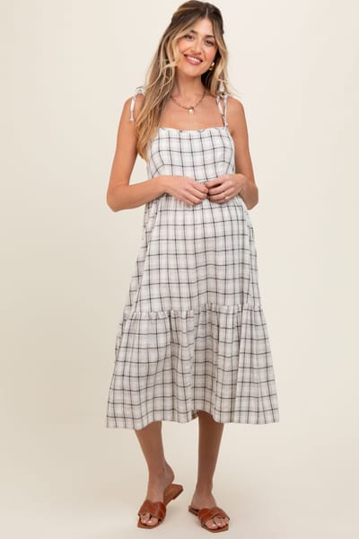 No Less Than Ivory Plaid Shoulder Tie Maternity Midi Dress
