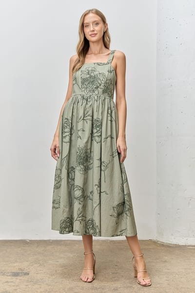 Polagram Light Olive Floral Sleeveless Midi Dress