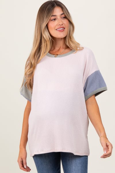 PinkBlush Peach Solid Ribbed Color Block Short Sleeve Maternity Tunic Top