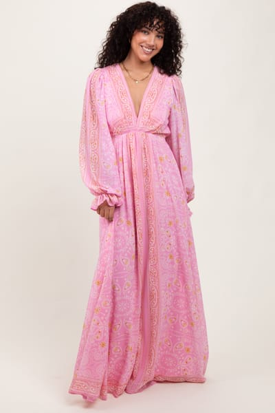 Flying Tomato Pink Paisley Deep V-Neck Long Sleeve Maxi Dress